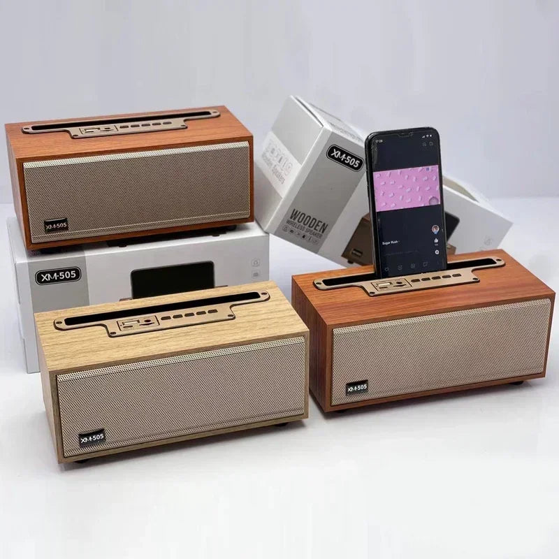 Multifunction Wooden Bluetooth Speaker TWS Wireless Subwoofer Remote Sound System Mobile Phone Holder Portable Desktop FM Radio