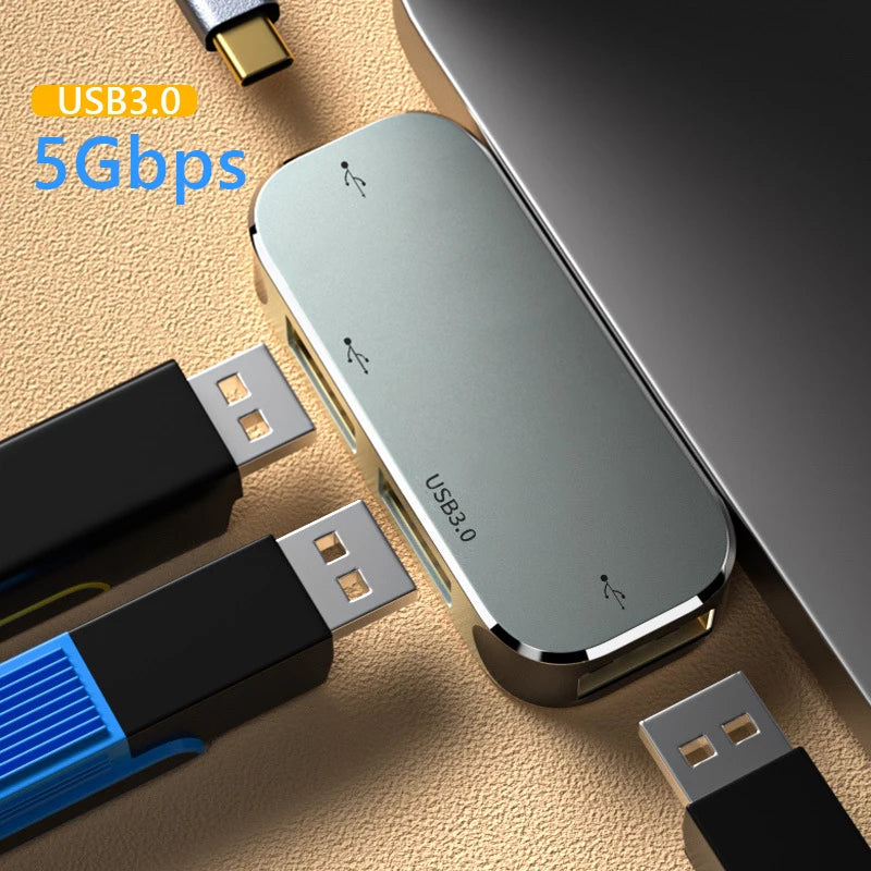 Multi-function 6 in 1 Type-C Hub 3.55mm Jack PD100W USB3.0/USB2.0/USB3.1 HDMI-Compatible USB Extender Hub