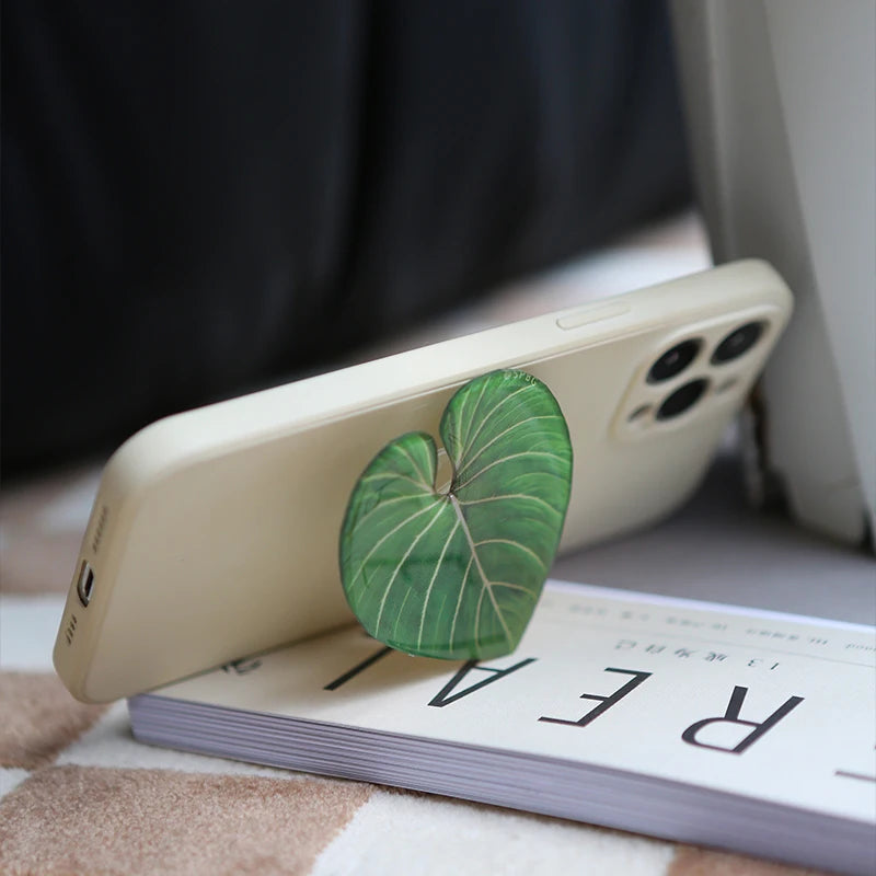 Cute Glossy Popular Simulation Leaf Phone Holder Grip Finger Ring Support Foldable Expandable Griptok Phone Socket Pocket Stand