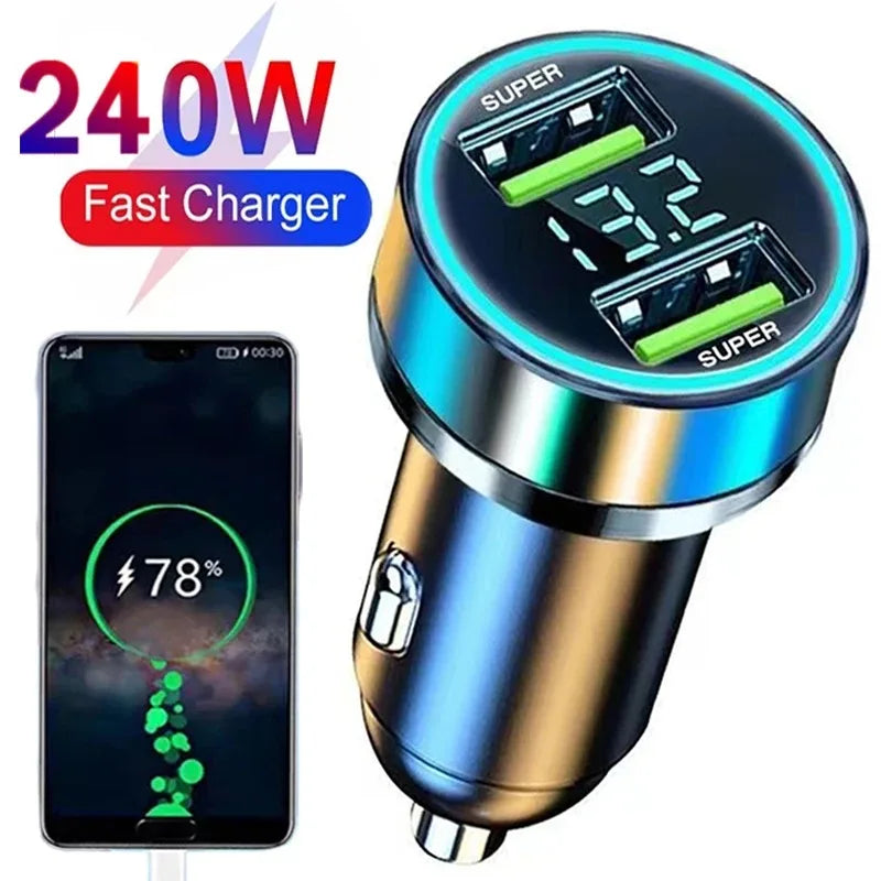 240W Car Super Fast Charger Dual USB Ports for IPhone Samsung Phone Quick Charging Adapter Automotive Chargers