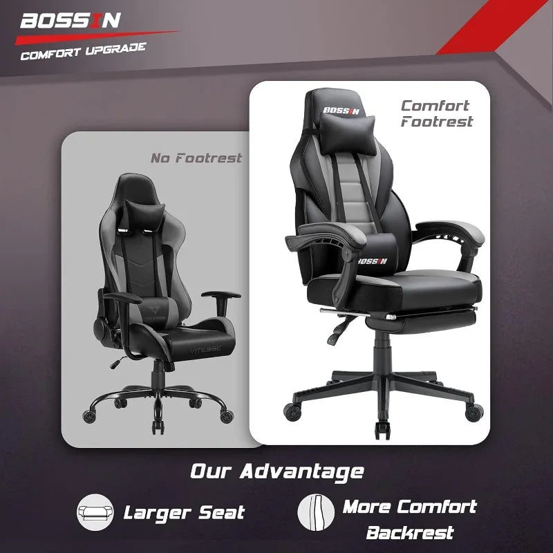 BOSSIN Gaming Chair with Massage, Ergonomic Heavy Duty Design with Footrest and Lumbar Support, Large Size Cushion